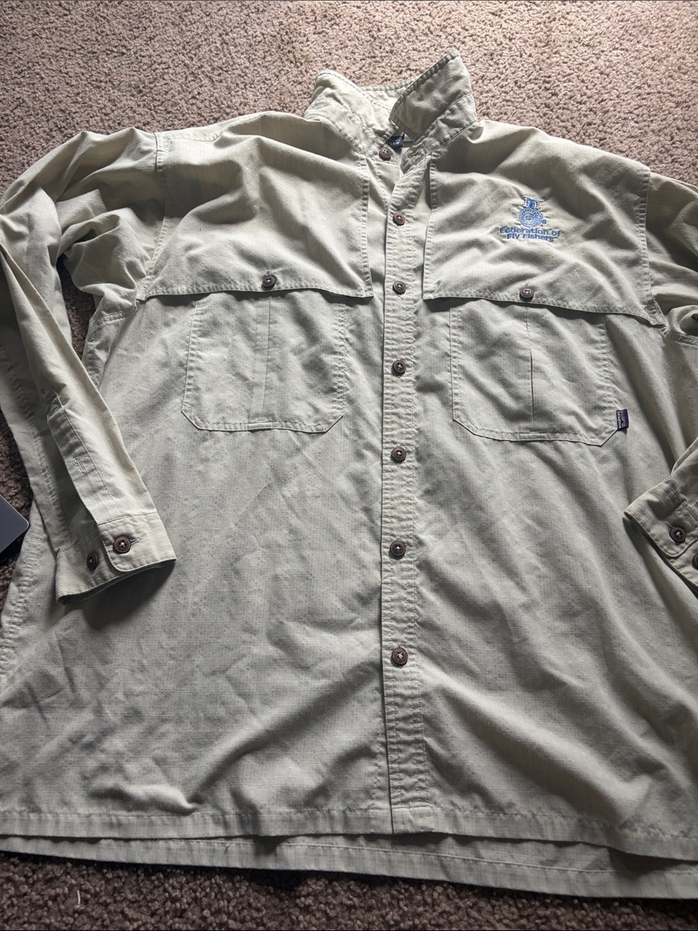 B31 Patagonia “Federation of Fly Fishers” Lt Green Button-Up Utility Jacket